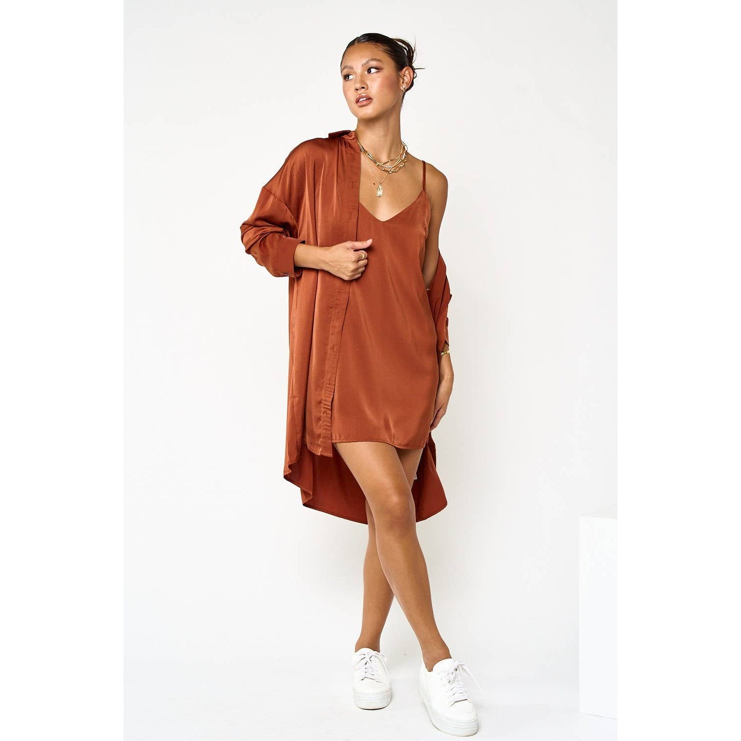 Satin Slip-On Dress and Shirt Set in Cognac [Sizes SM-L]