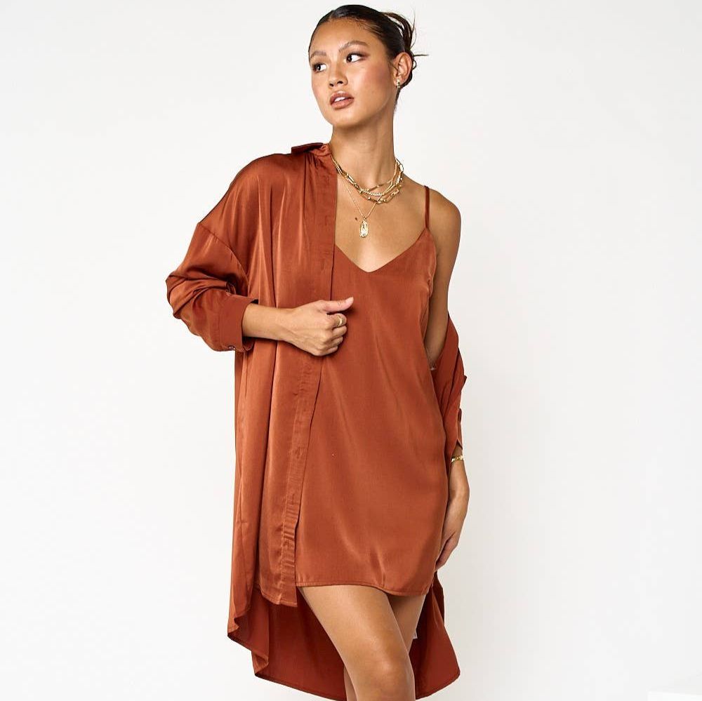 Satin Slip-On Dress and Shirt Set in Cognac [Sizes SM-L]