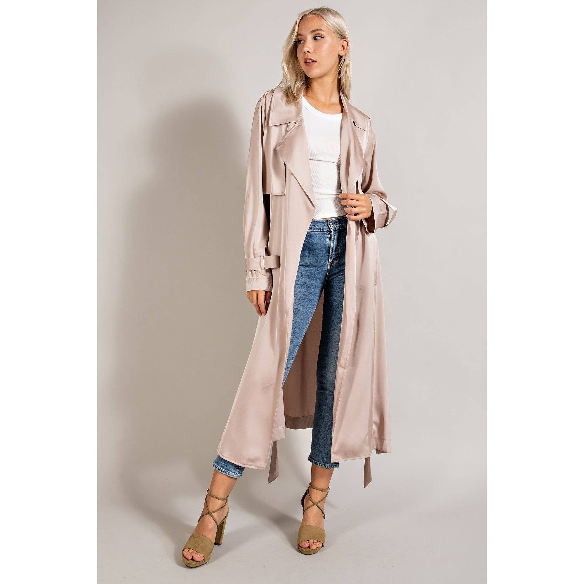 Satin Trench Coat W/ Open Front And Detachable Waist Tie