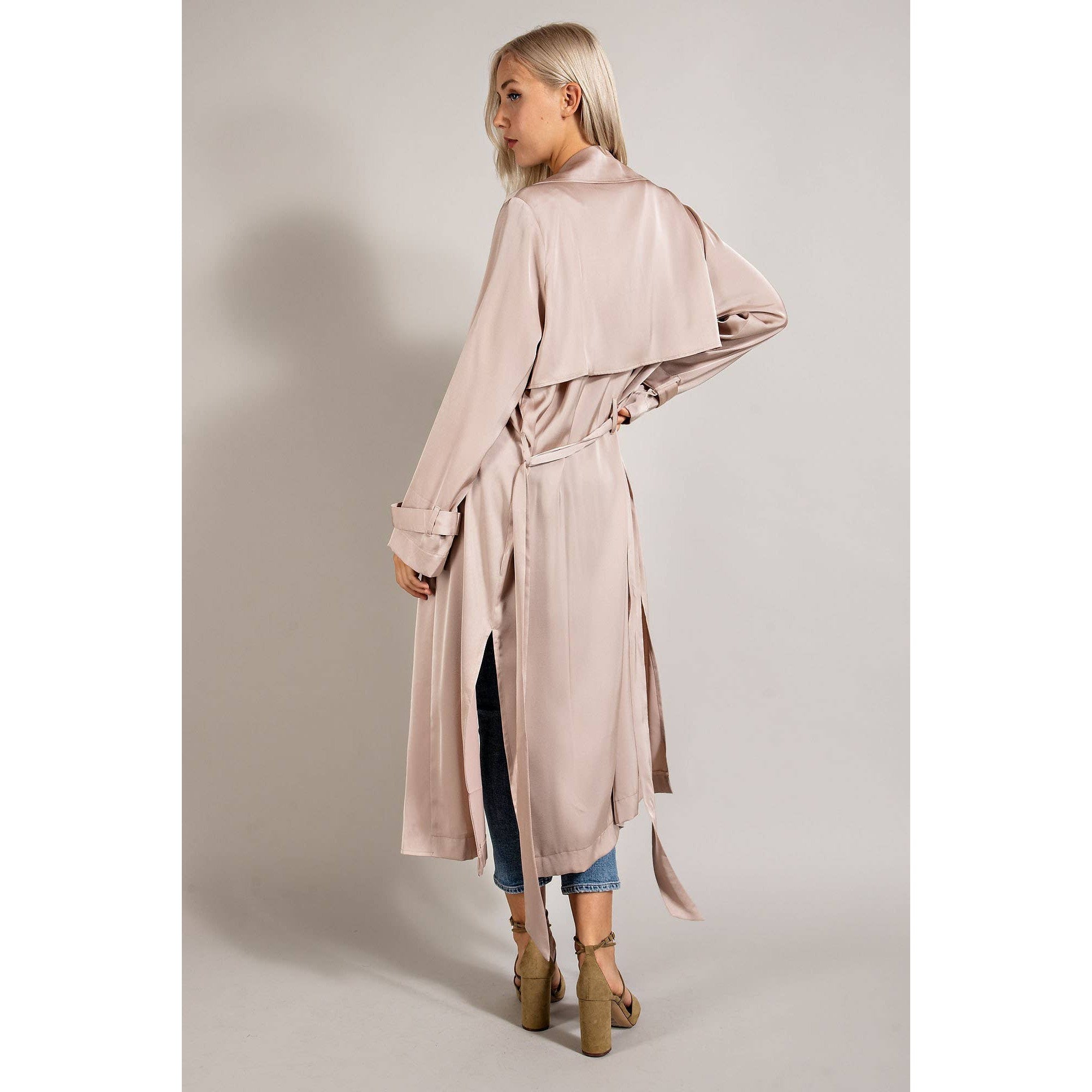 Satin Trench Coat W/ Open Front And Detachable Waist Tie