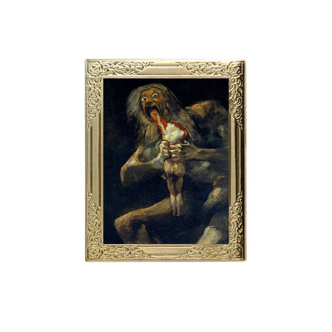 Lapel pin of a framed artwork of a figure with a gold frame
