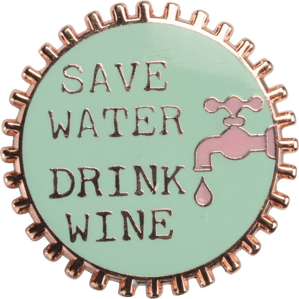 Save Water Drink Wine Pink and Green Enamel Pin on Gift Card