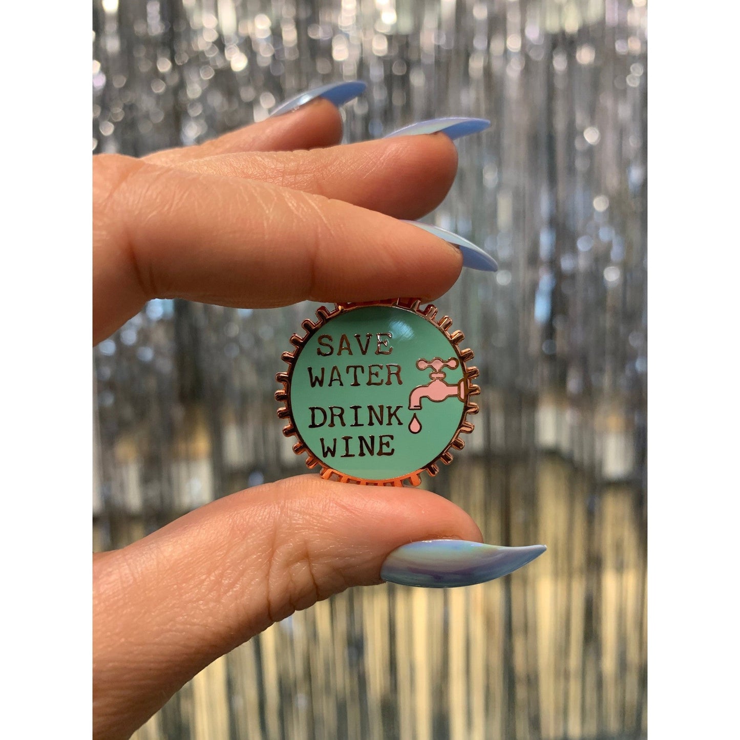 Save Water Drink Wine Pink and Green Enamel Pin on Gift Card