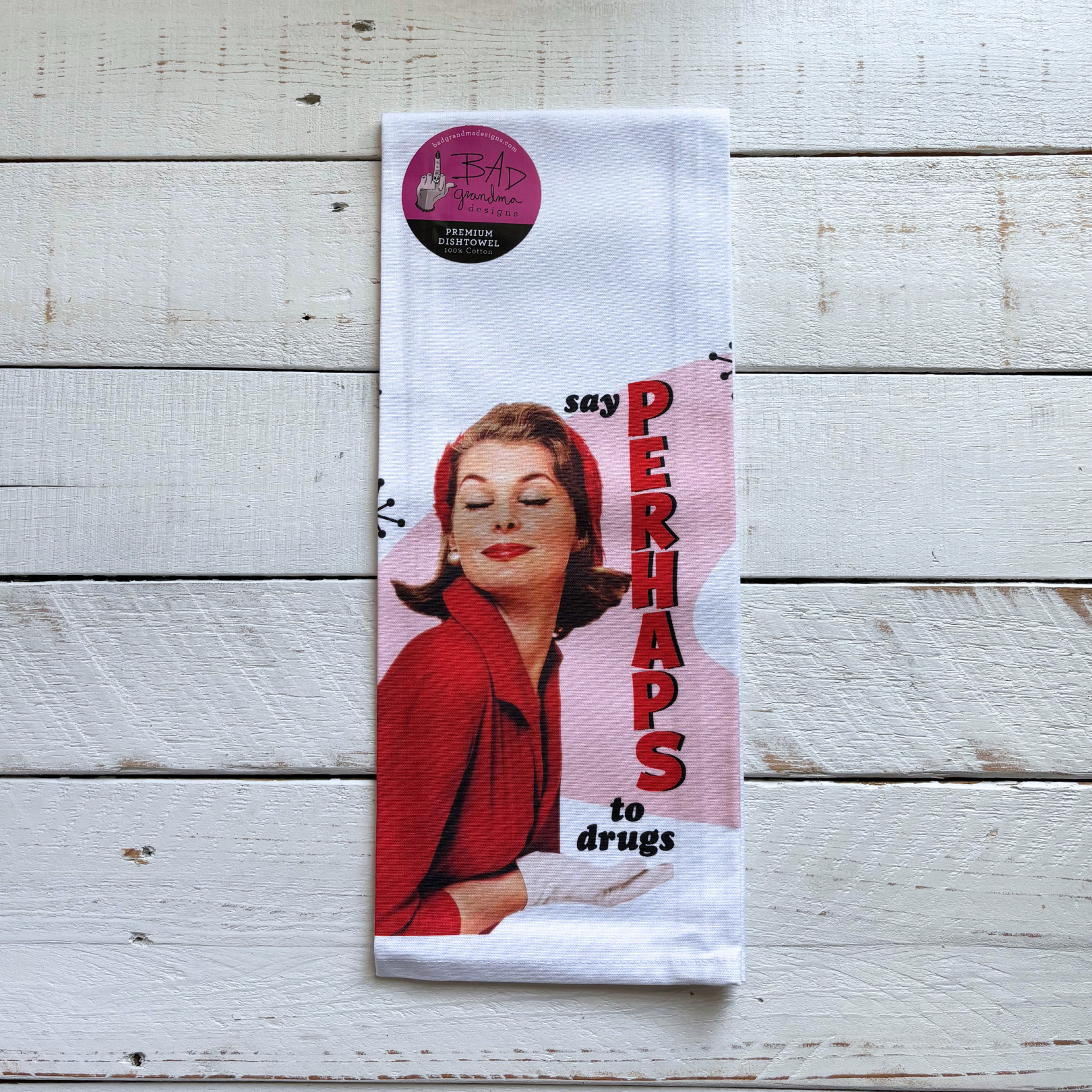 Say Perhaps to Drugs Dishtowel | Retro Lady Cotton Hand Tea Dishcloth