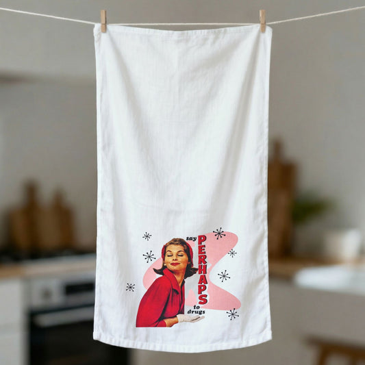 Say Perhaps to Drugs Dishtowel | Retro Lady Cotton Hand Tea Dishcloth
