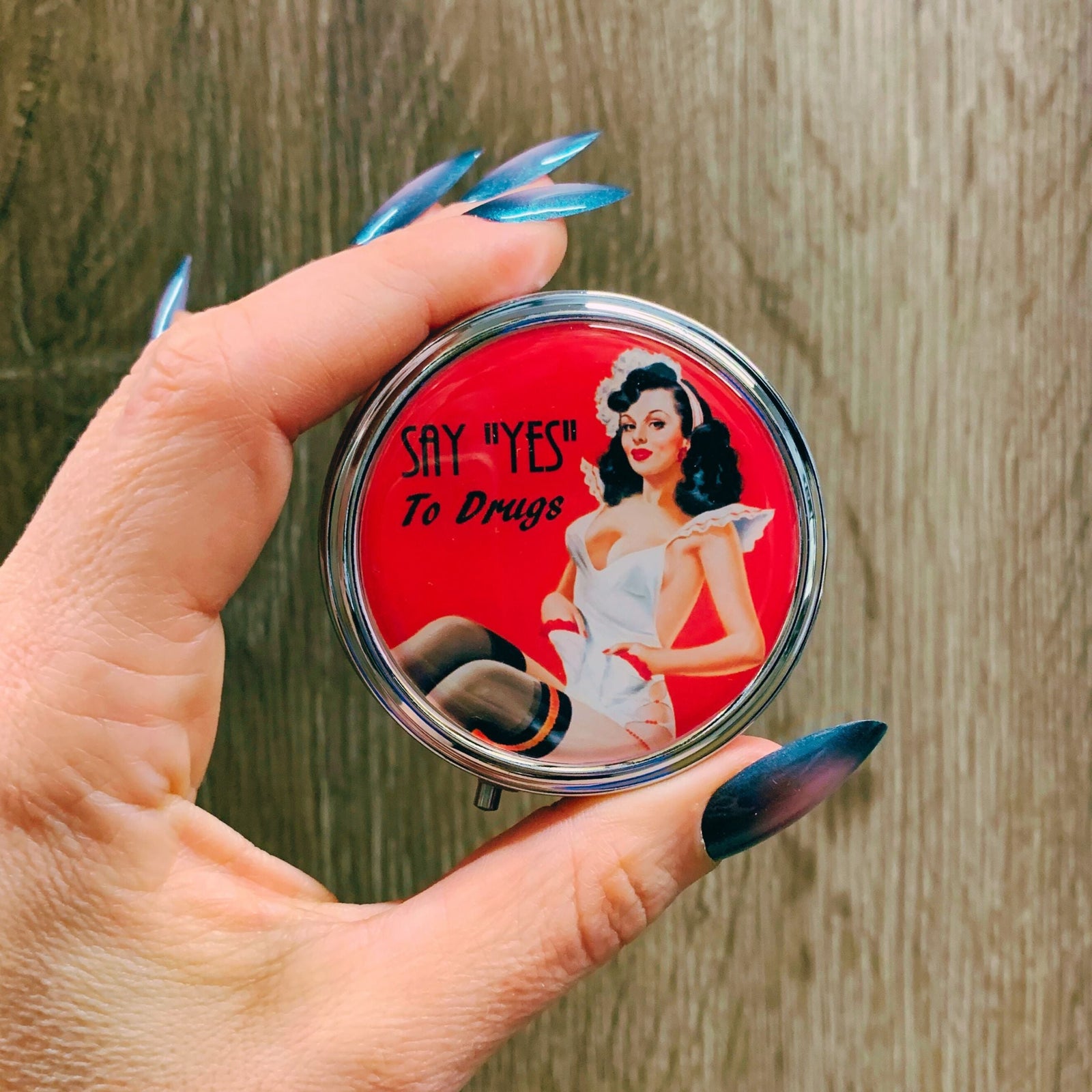 Say Yes to Drugs Pill Box | Handmade 2.25" Round Pill Case | Retro Pinup Art