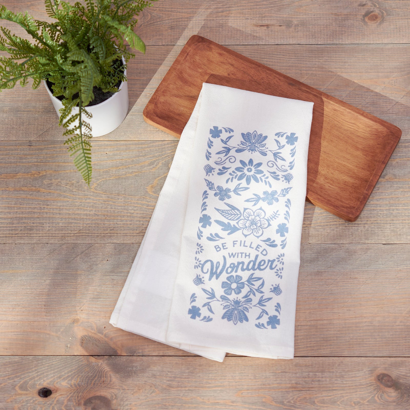 Scandi Style Folk Art "Be Filled With Wonder" Hand Illustrated Kitchen Towel | Hangable, Absorbent 100% Cotton Tea Towel or Dish Cloth