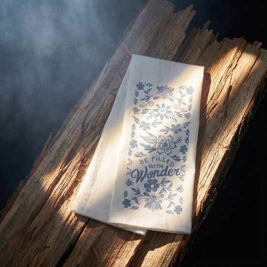 Scandi Style Folk Art "Be Filled With Wonder" Hand Illustrated Kitchen Towel | Hangable, Absorbent 100% Cotton Tea Towel or Dish Cloth