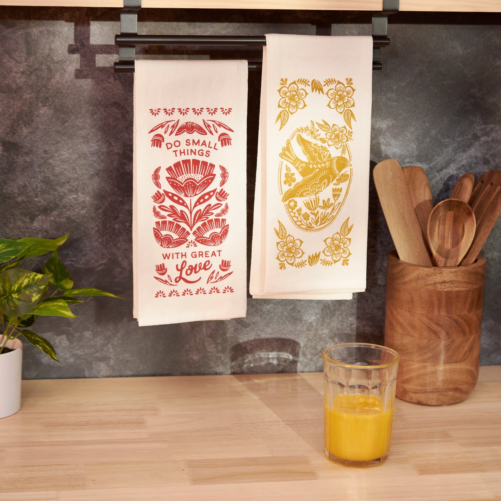 Scandi Style Folk Art "Peace Dove" Hand Illustrated Kitchen Towel | Hangable, Absorbent 100% Cotton Tea Towel or Dish Cloth