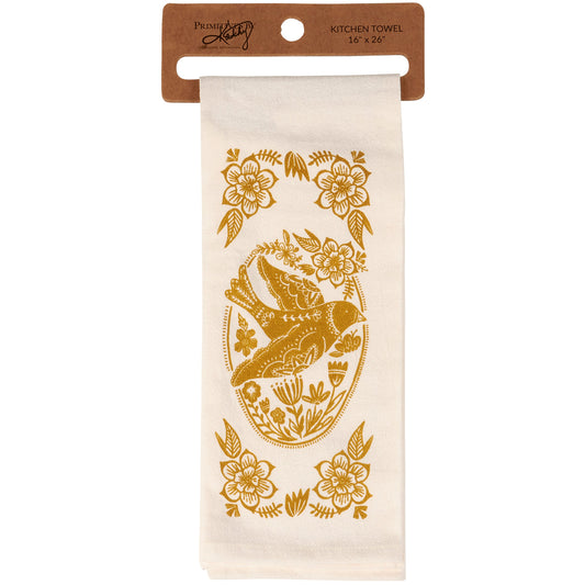 Scandi Style Folk Art "Peace Dove" Hand Illustrated Kitchen Towel | Hangable, Absorbent 100% Cotton Tea Towel or Dish Cloth