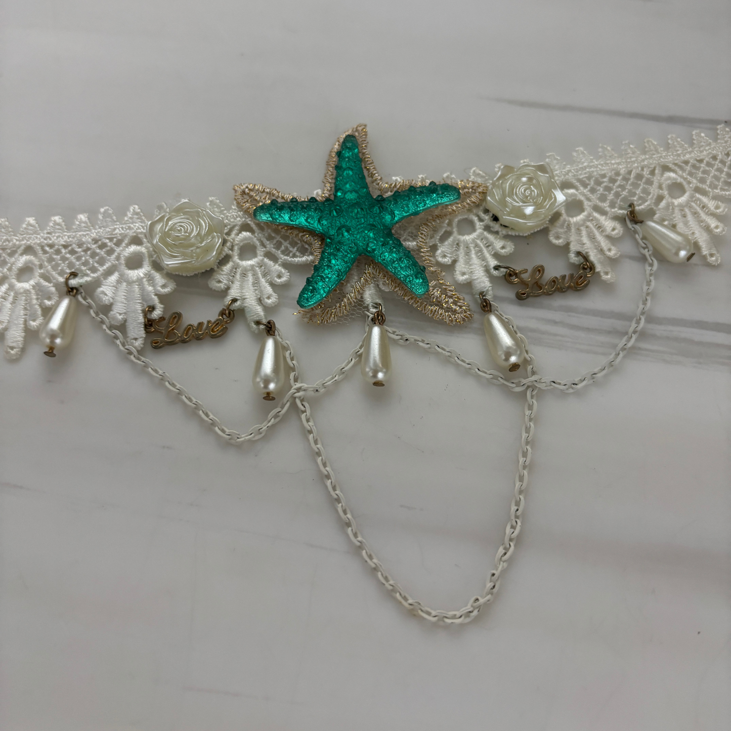 Sea Star Mermaid Appliqué Choker | White Lace with Pearl, Rose & Teal Sea Star