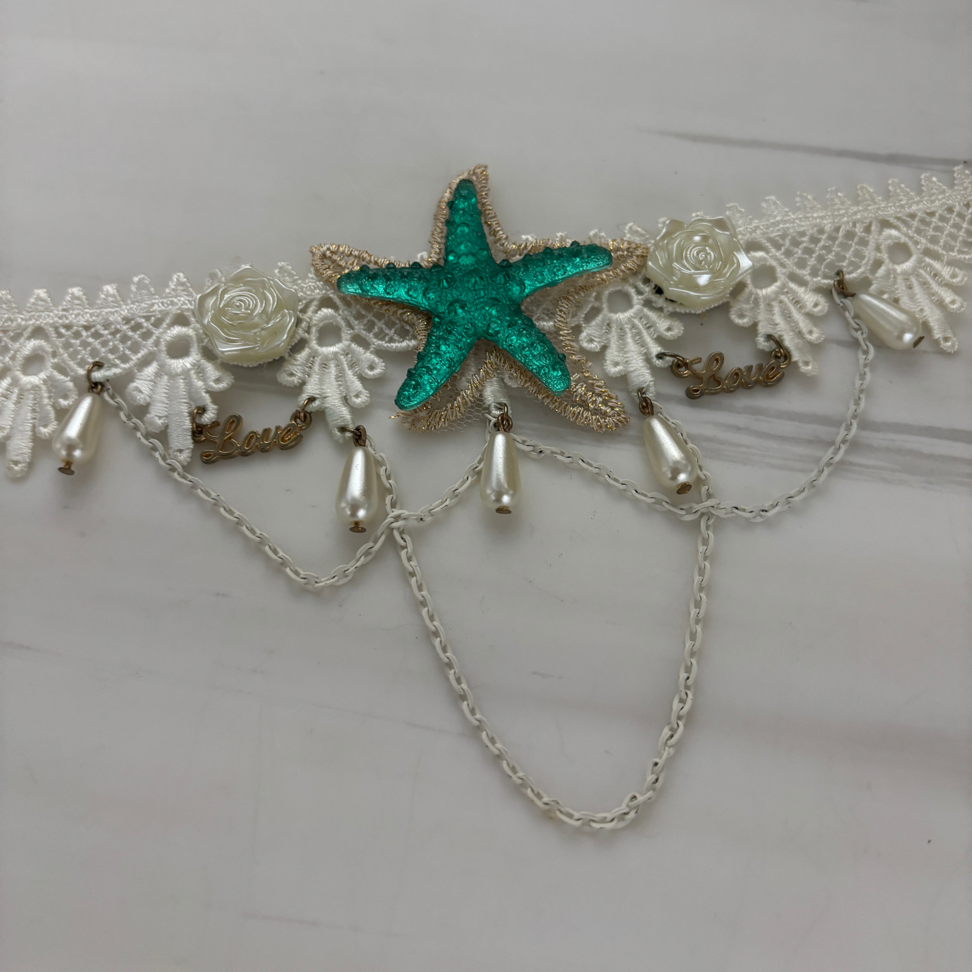 Sea Star Mermaid Appliqué Choker | White Lace with Pearl, Rose & Teal Sea Star