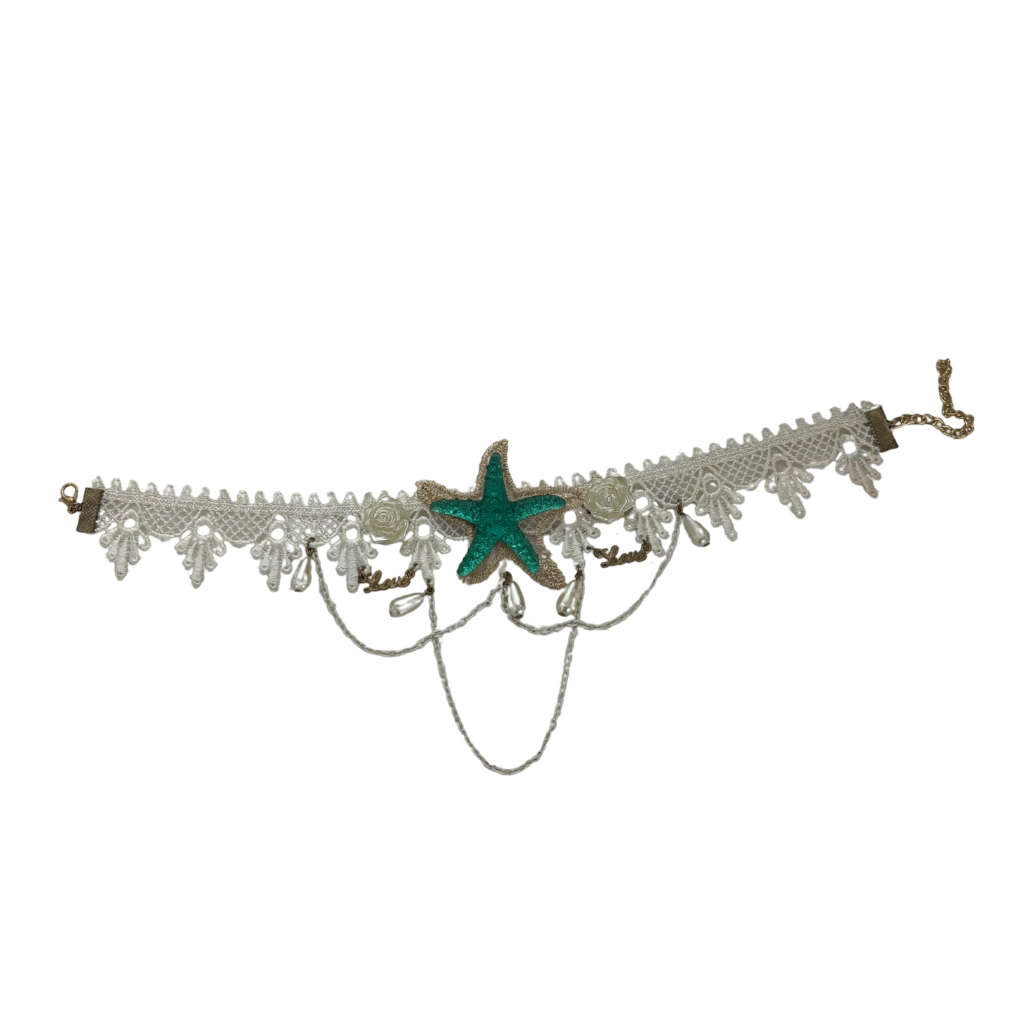 Sea Star Mermaid Appliqué Choker | White Lace with Pearl, Rose & Teal Sea Star