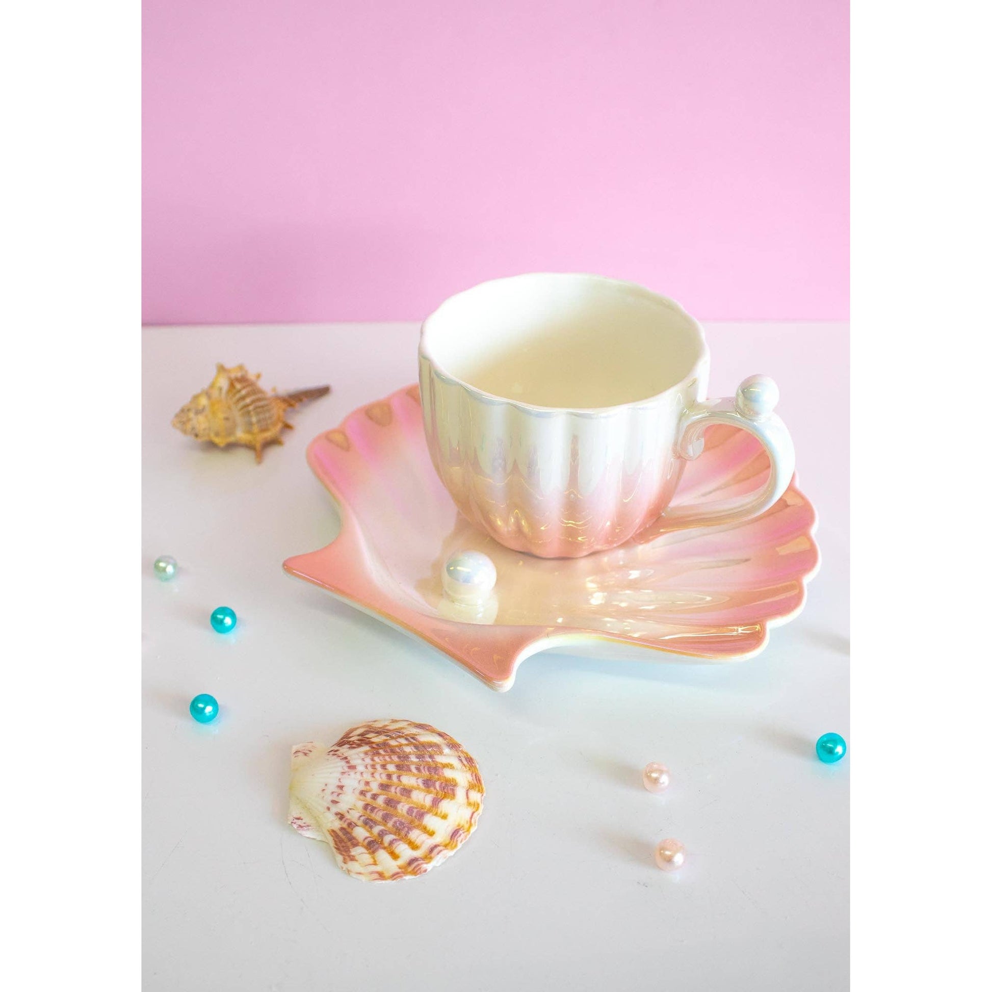 Seashell Cup & Saucer Ceramic Set | Beach Themed Coffee Tea Mug Gift Set