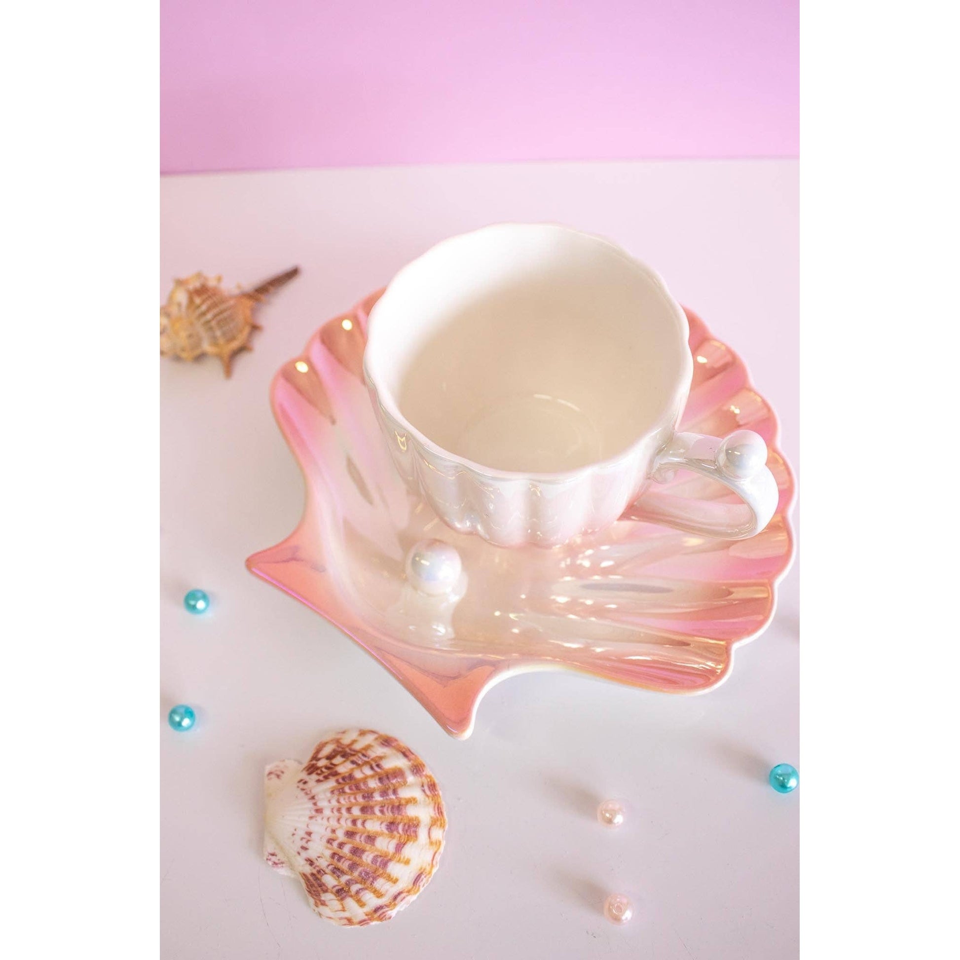 Seashell Cup & Saucer Ceramic Set | Beach Themed Coffee Tea Mug Gift Set