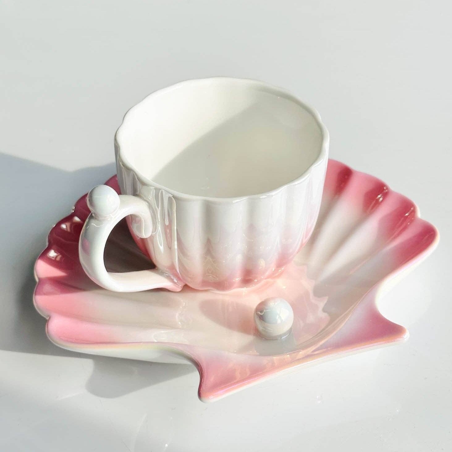 Seashell Cup & Saucer Ceramic Set | Beach Themed Coffee Tea Mug Gift Set