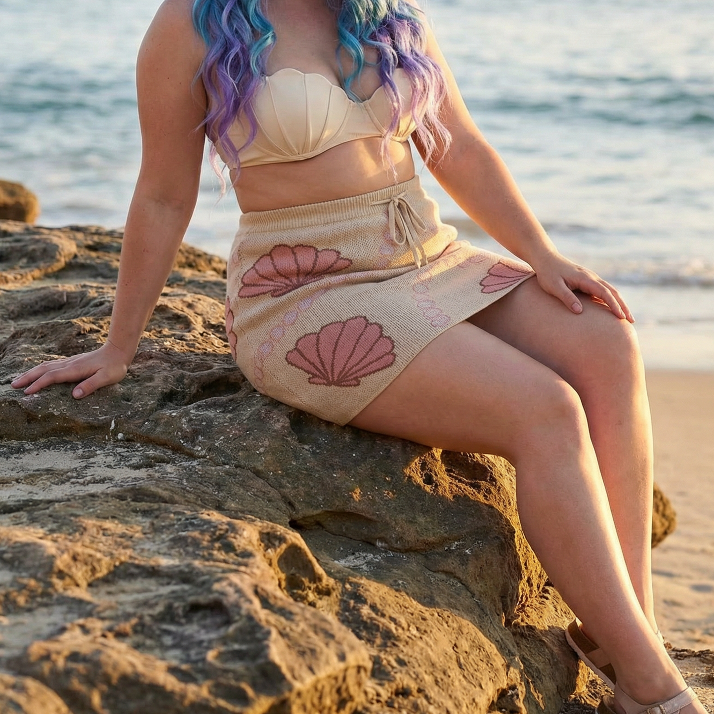 Seashell & Pearl Knit Mini Skirt | Cream Coastal Drawstring Waist Beach Club Skirt