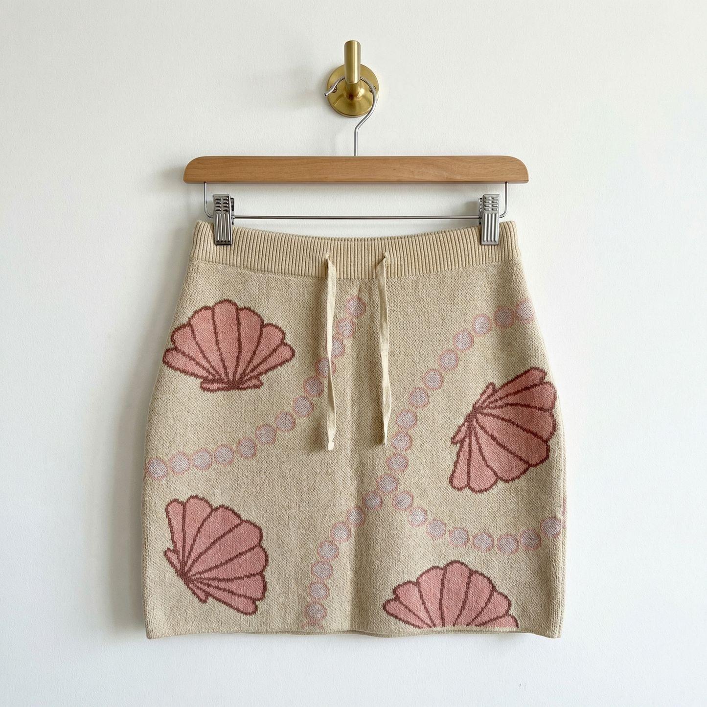 Seashell & Pearl Knit Mini Skirt | Cream Coastal Drawstring Waist Beach Club Skirt
