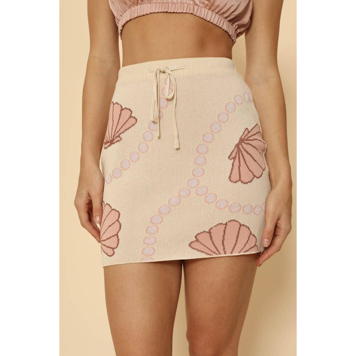 Seashell & Pearl Knit Mini Skirt | Cream Coastal Drawstring Waist Beach Club Skirt