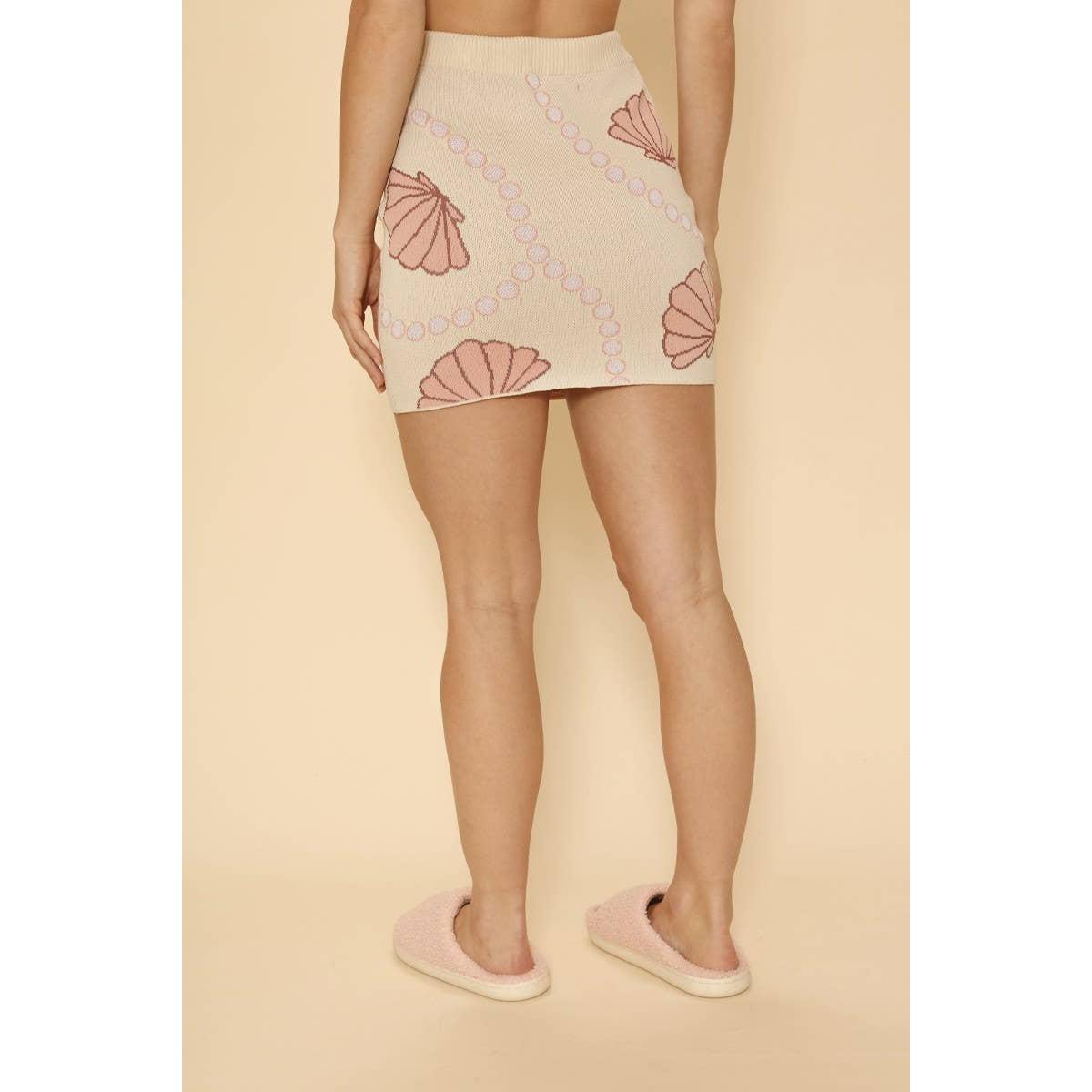 Seashell & Pearl Knit Mini Skirt | Cream Coastal Drawstring Waist Beach Club Skirt