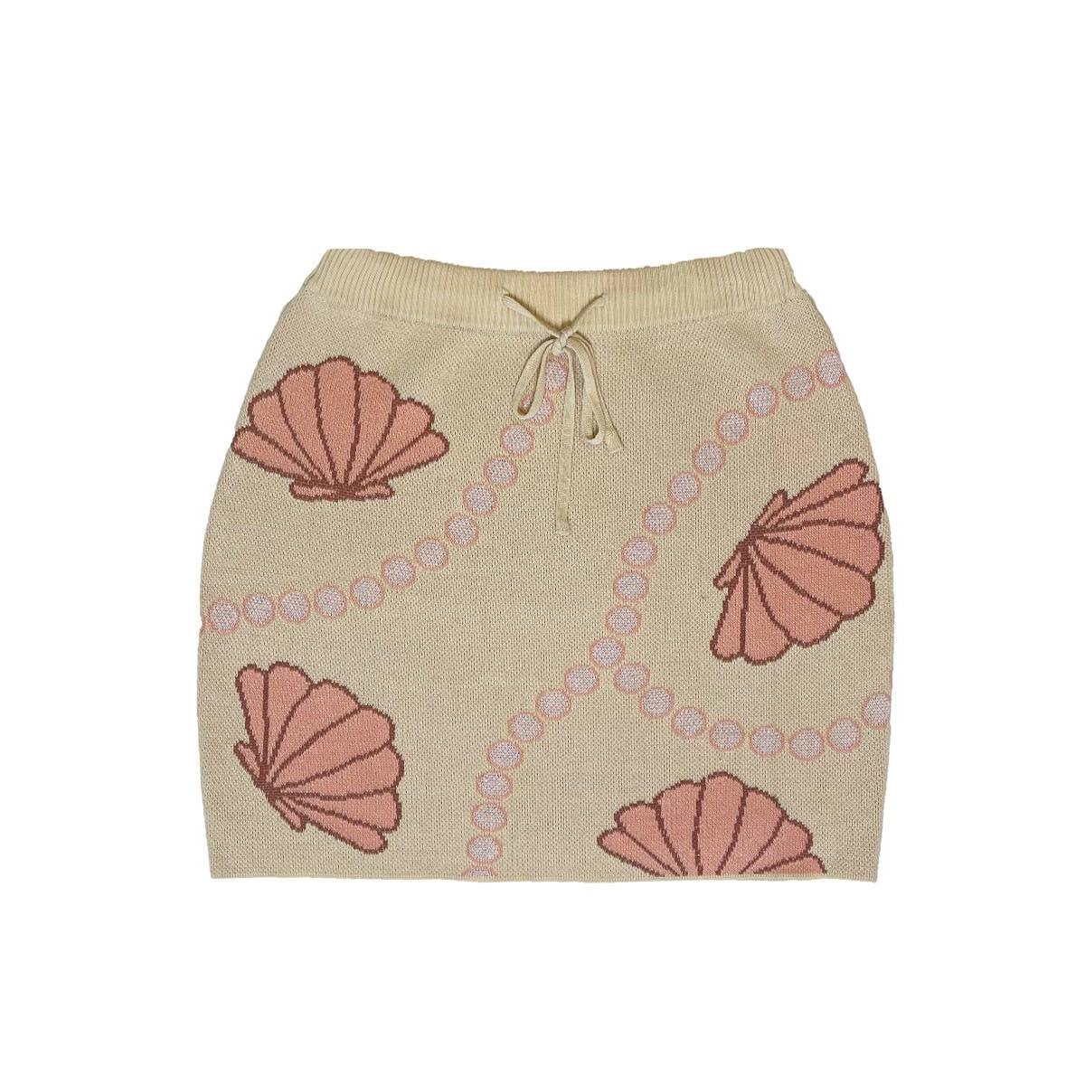 Seashell & Pearl Knit Mini Skirt | Cream Coastal Drawstring Waist Beach Club Skirt