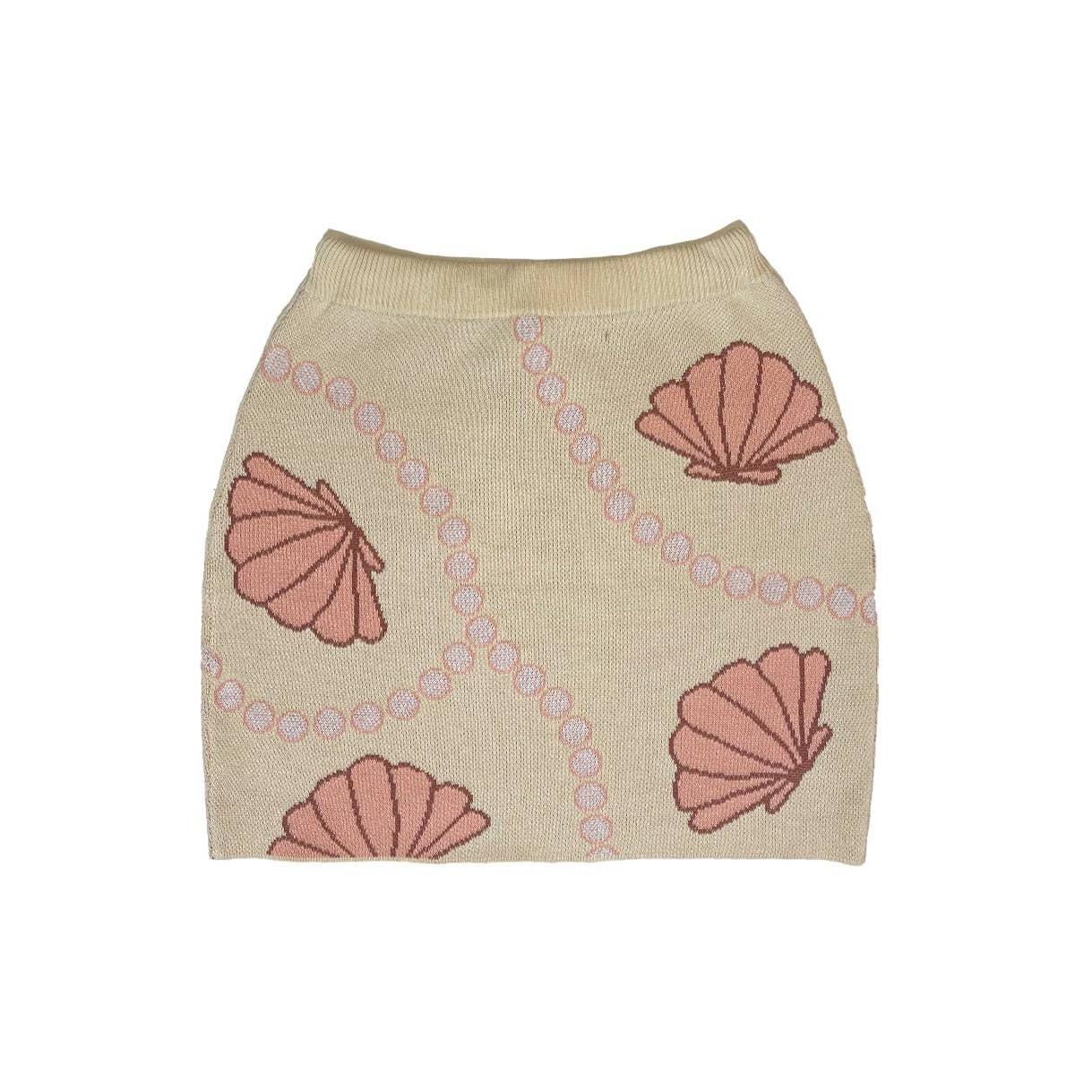 Seashell & Pearl Knit Mini Skirt | Cream Coastal Drawstring Waist Beach Club Skirt