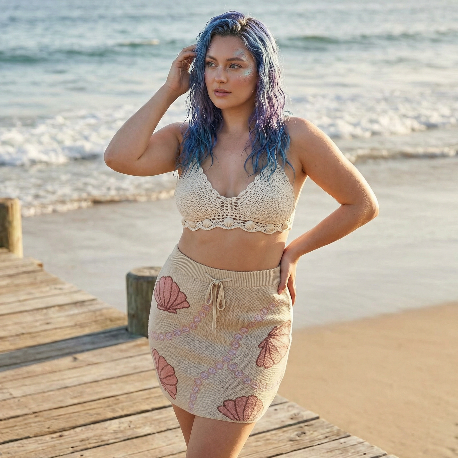 Woman with blue hair standing on a wooden dock by the ocean