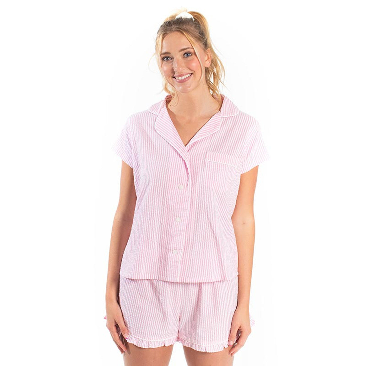 Seersucker Pajamas Short Set in Pink | Button Top and Shorts Sleepwear [Available in Large Only]