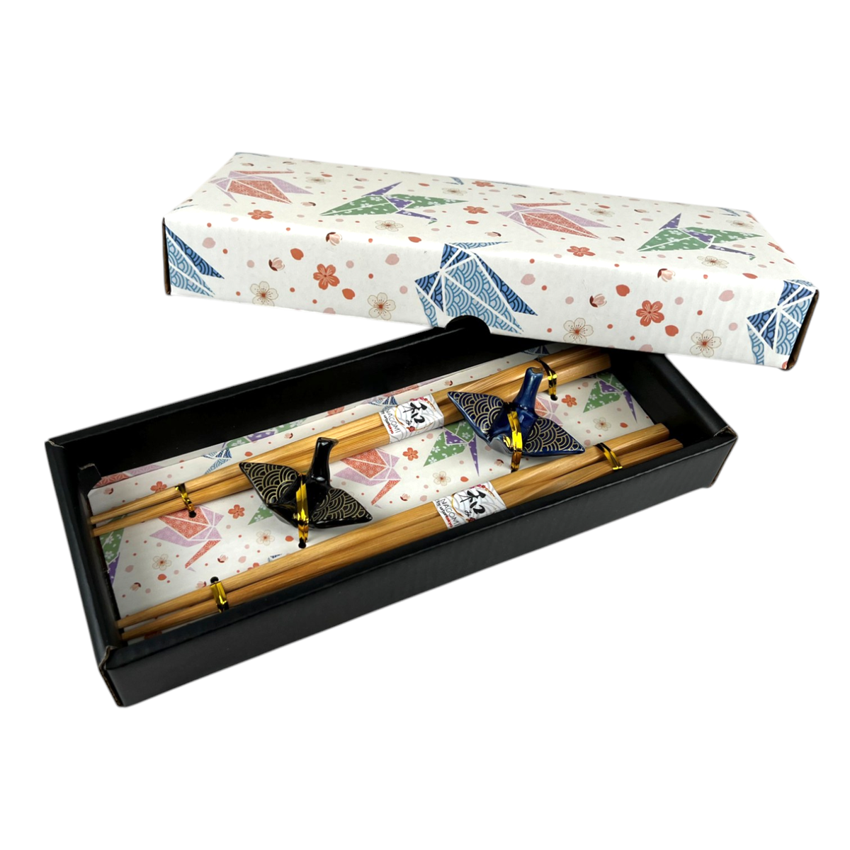 Seigaiha Origami Crane Bamboo Chopsticks and Ceramic Rests Gift Set | 2 Pairs