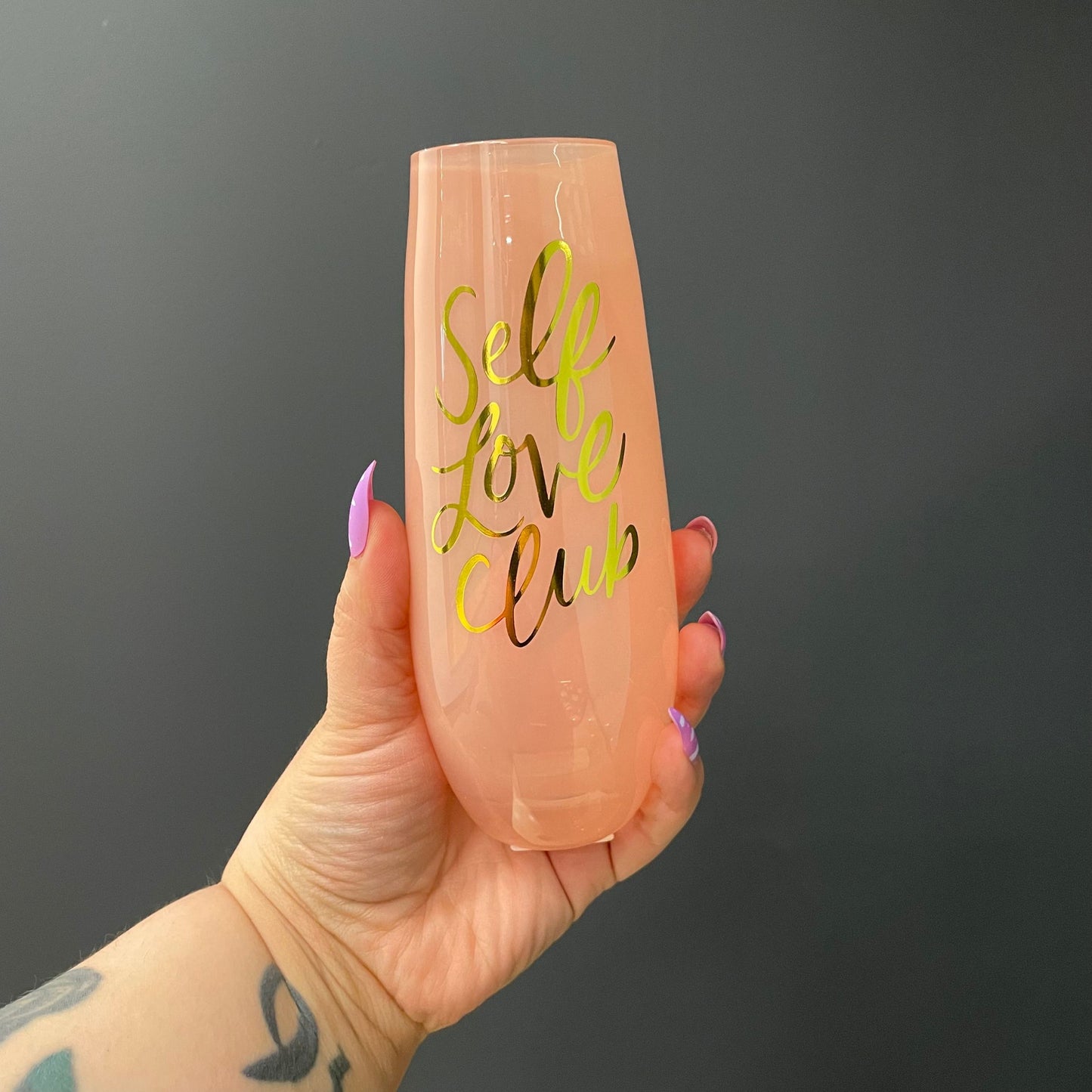 Self Love Club Stemless Champagne Flute Glass in Tinted Pink