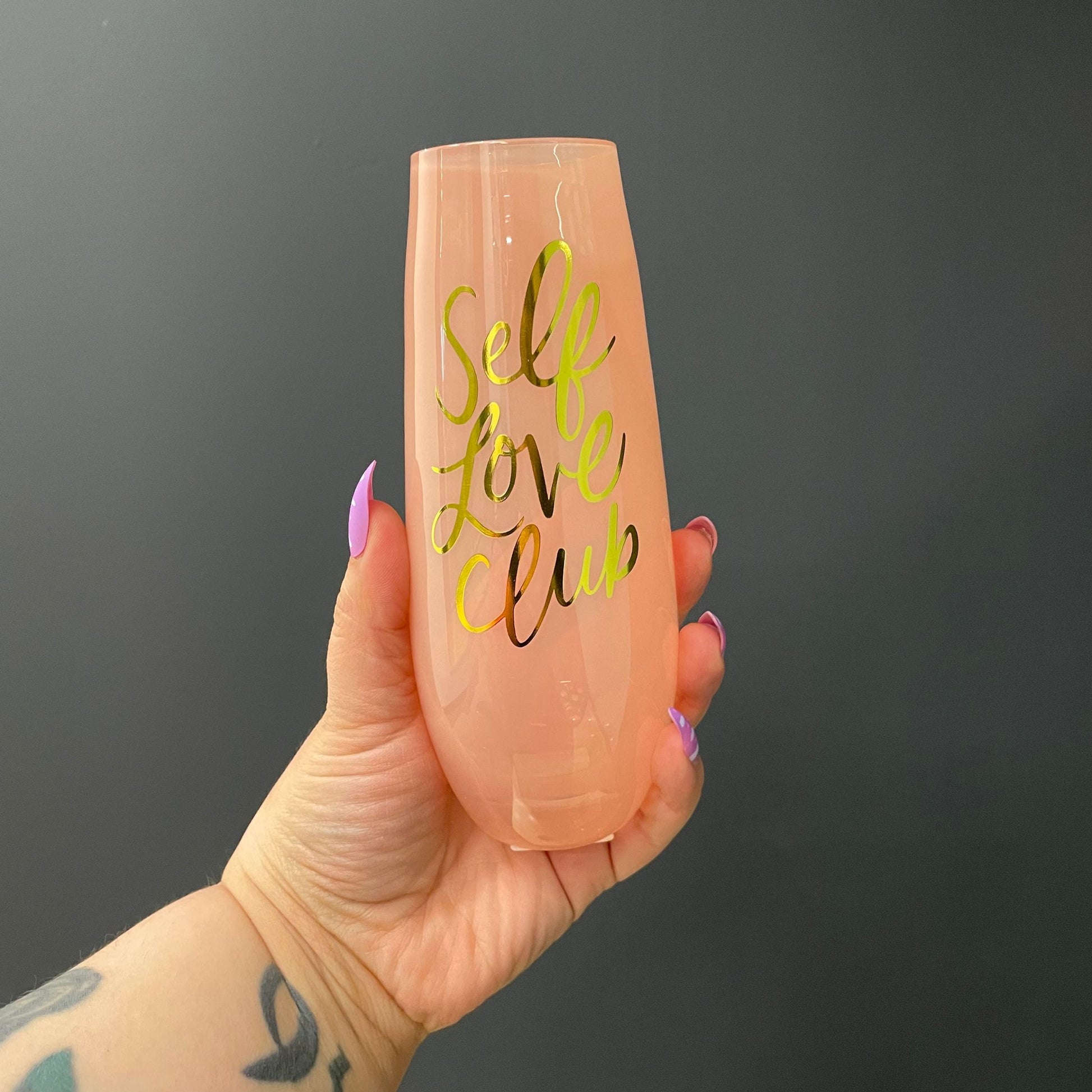 Self Love Club Stemless Champagne Flute Glass in Tinted Pink