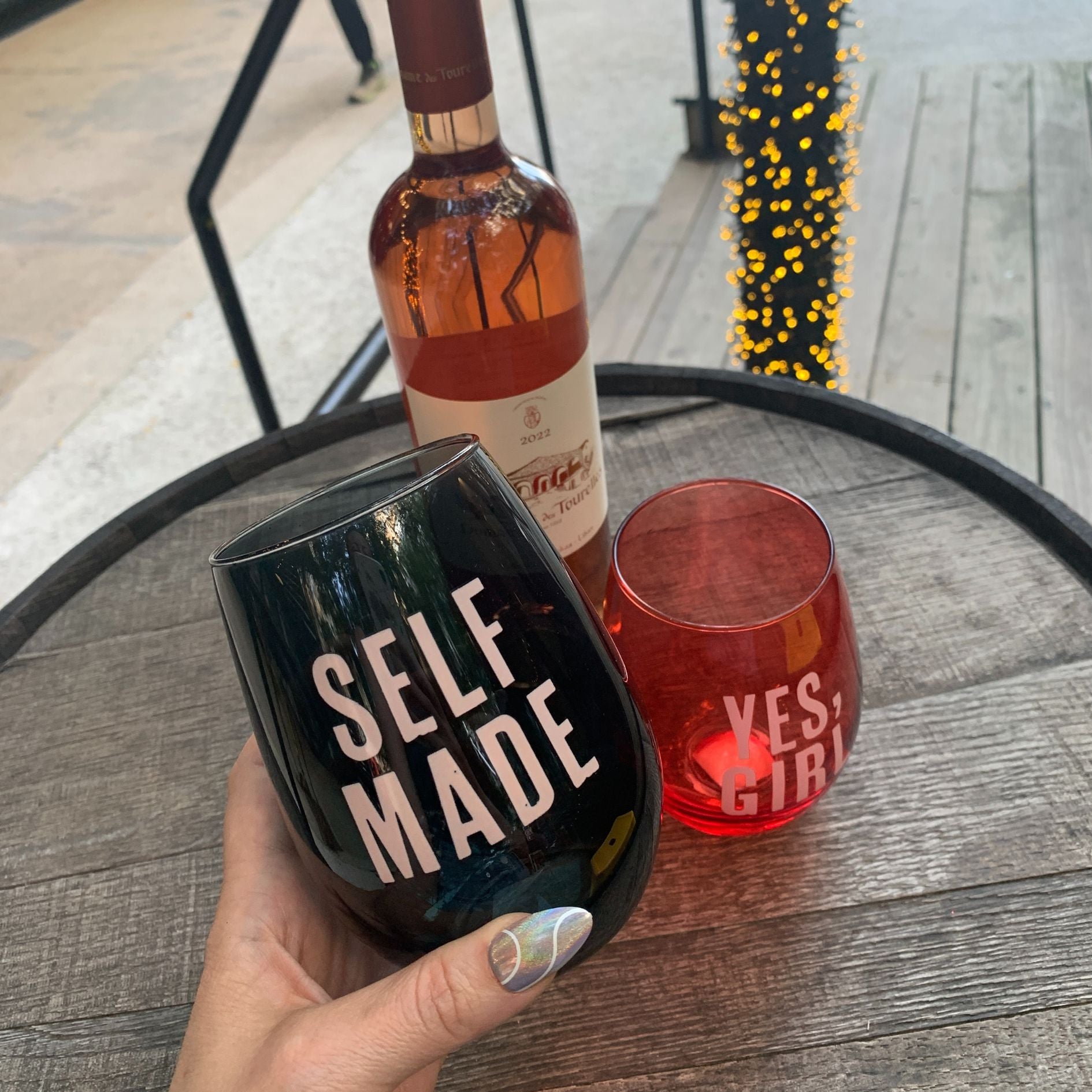 Self Made Stemless Wine Glass in Black and Pink | 20 Oz.