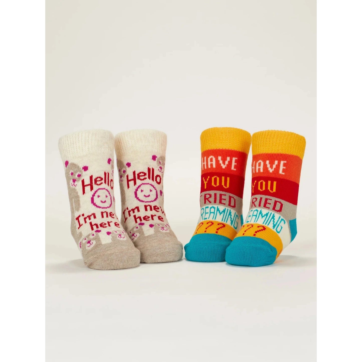 Set Of 2 Hello I'm New Here / Have You Ever Tried Screaming Baby Socks | Size 0-12 months | BlueQ at GetBullish