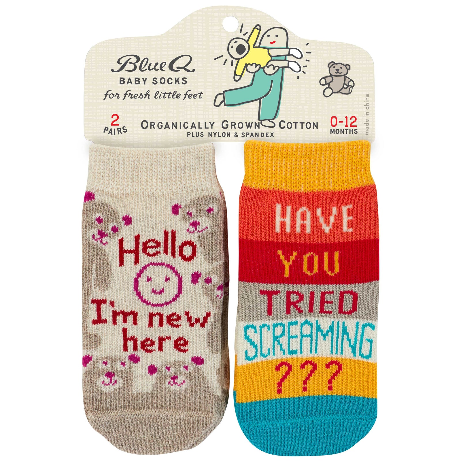 Set Of 2 Hello I'm New Here / Have You Ever Tried Screaming Baby Socks | Size 0-12 months | BlueQ at GetBullish