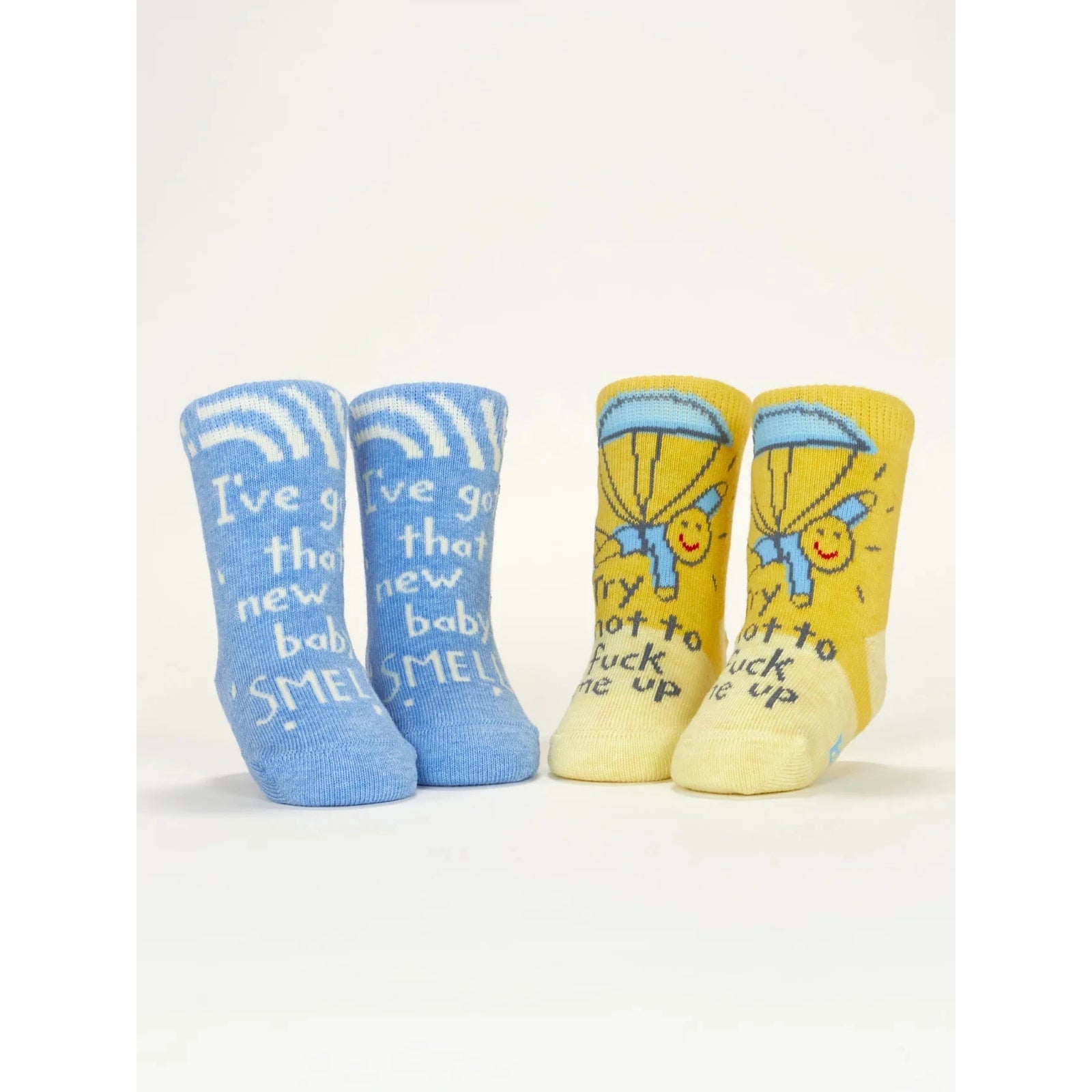 Set Of 2 I've Got That New Baby Smell / Try Not To Fuck Me Up Baby Socks | Size 0-12 months | BlueQ at GetBullish