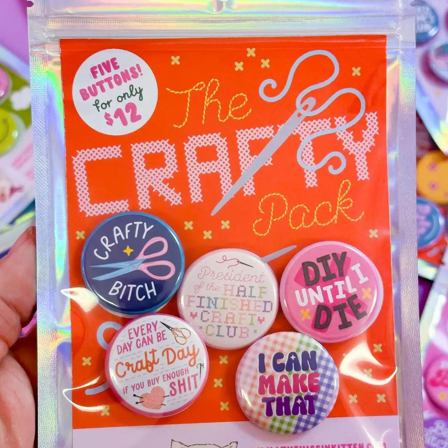 Set Of 5 Crafty DIY Themed Pinback Buttons | Lapel Pin Badge Button | 1.25"