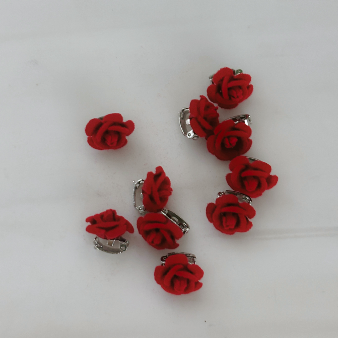 Set of 10 Ultra Tiny Red Rose Clips | Decorative Flocked Rose Hair Clips