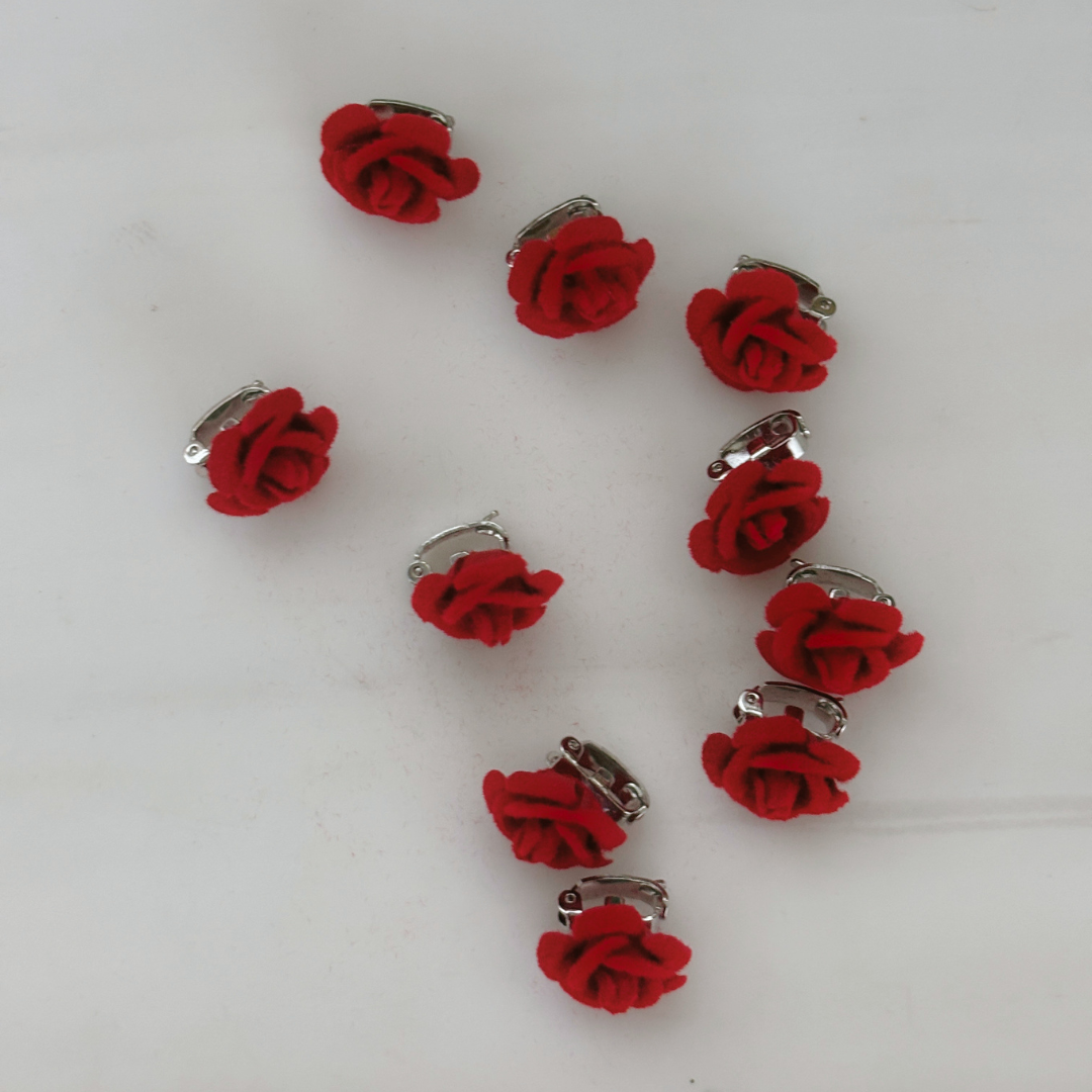 Set of 10 Ultra Tiny Red Rose Clips | Decorative Flocked Rose Hair Clips