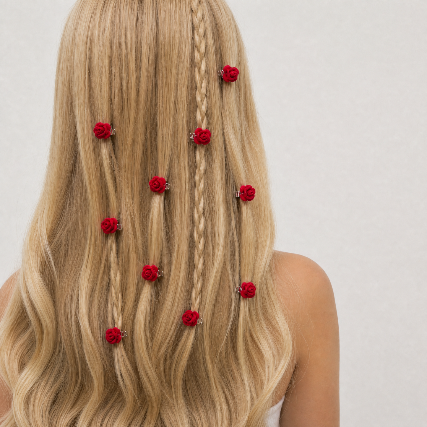 Set of 10 Ultra Tiny Red Rose Clips | Decorative Flocked Rose Hair Clips