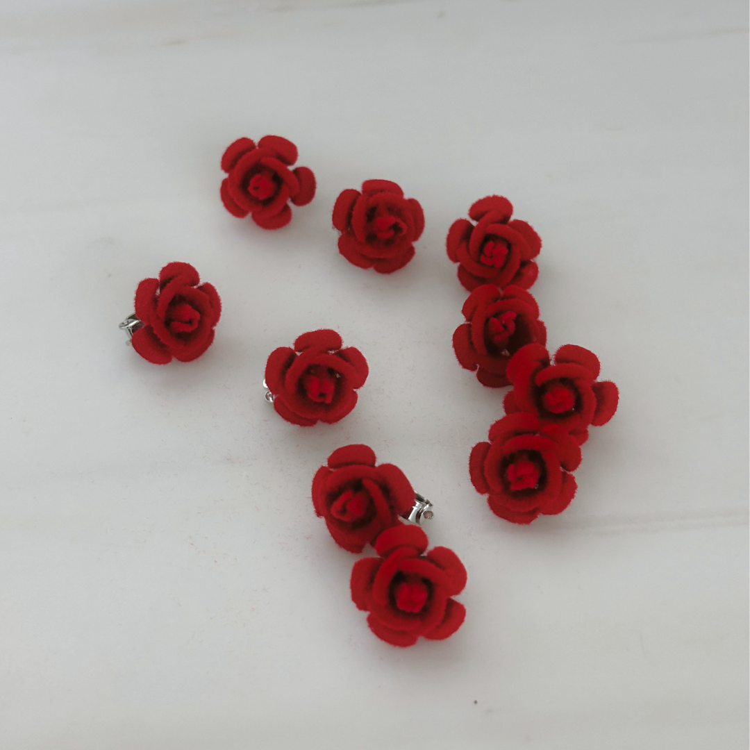 Set of 10 Ultra Tiny Red Rose Clips | Decorative Flocked Rose Hair Clips