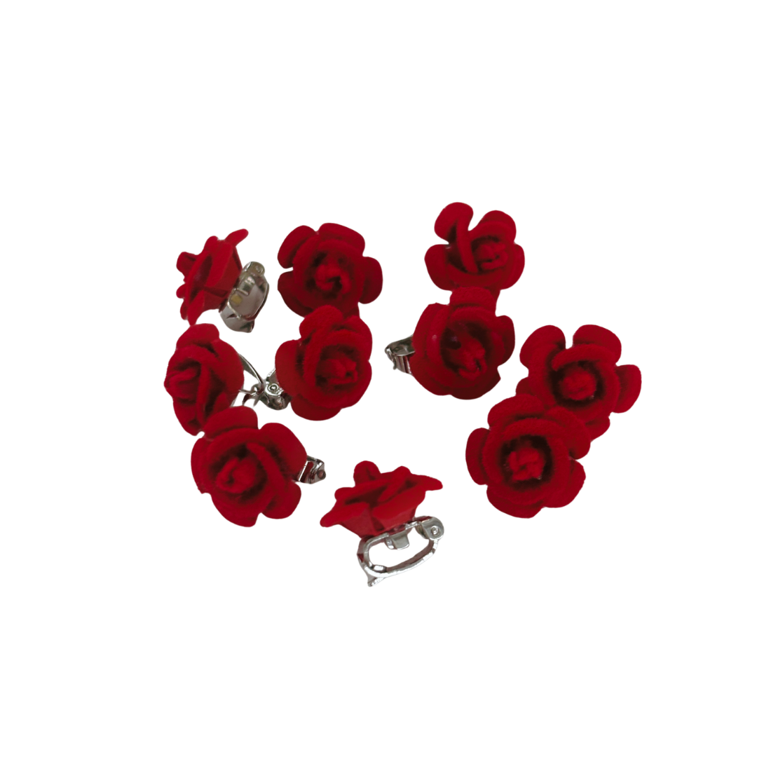 Set of 10 Ultra Tiny Red Rose Clips | Decorative Flocked Rose Hair Clips
