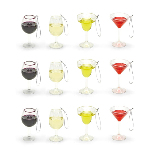 Set of 12 Happy Hour Hand-Crafted Glass Ornament | Real Liquid Inside | Wine, Martini, or Margarita