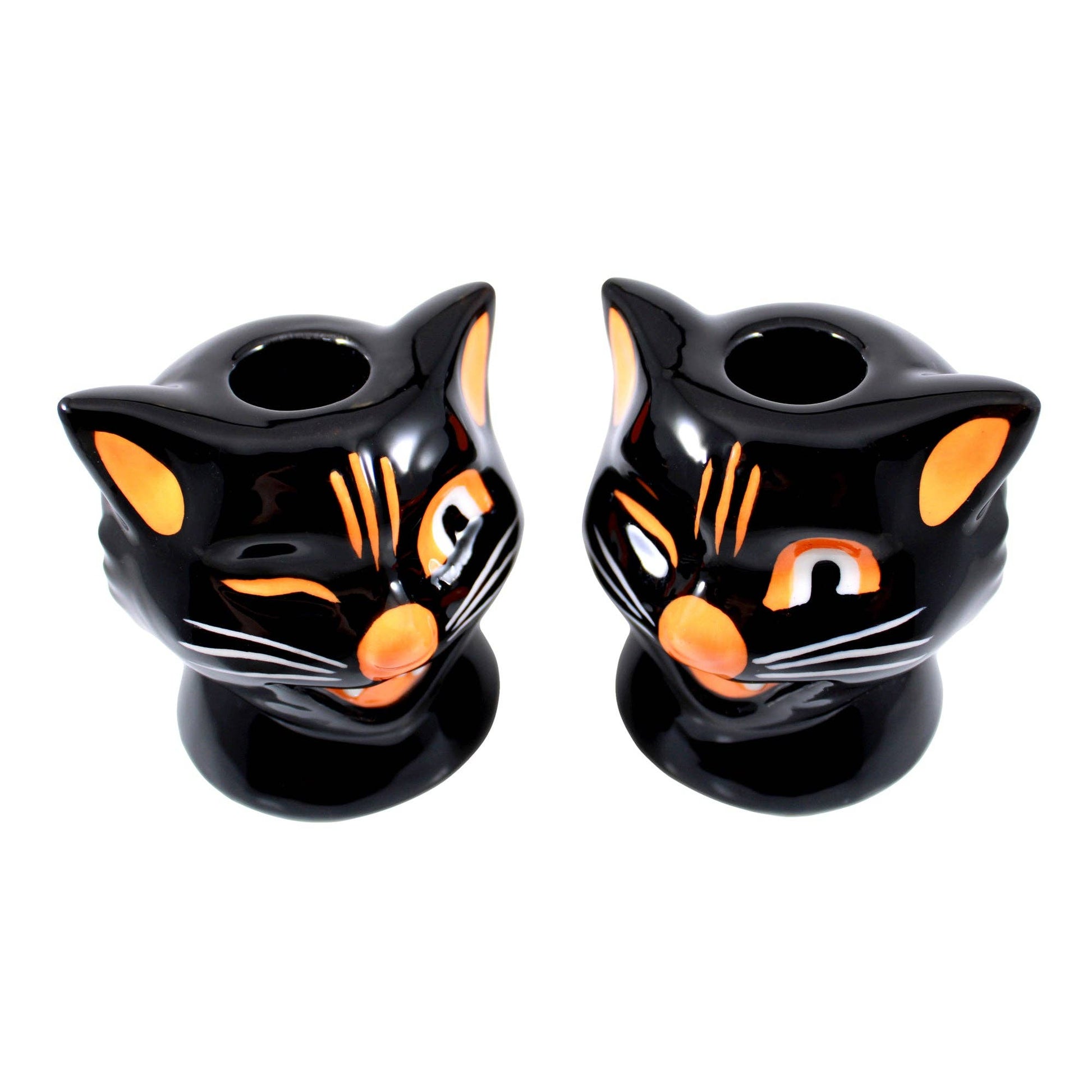 Set of 2 Black Cat Candle Holder | Vintage Spooky Ceramic Candlestick Holder Set