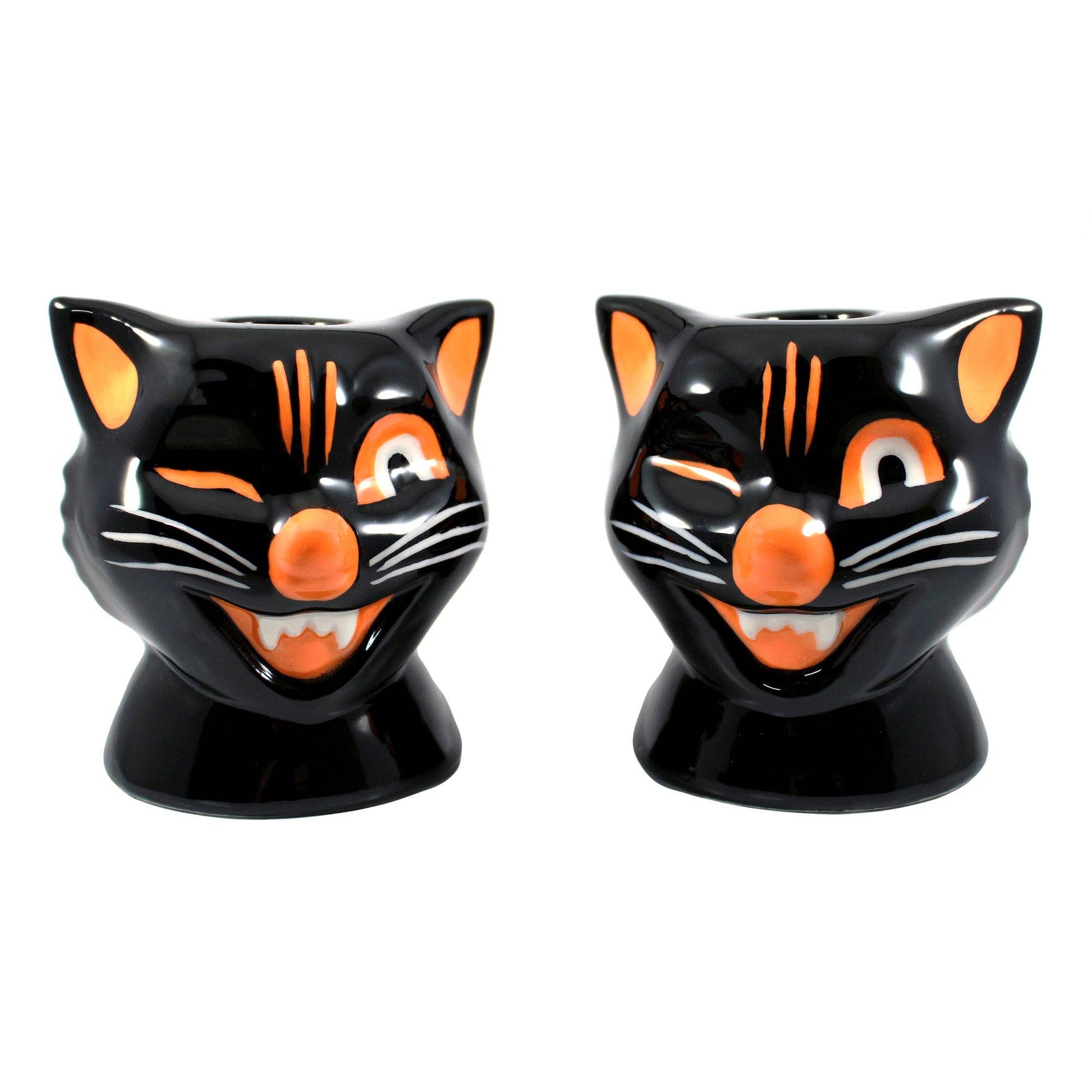 Set of 2 Black Cat Candle Holder | Vintage Spooky Ceramic Candlestick Holder Set