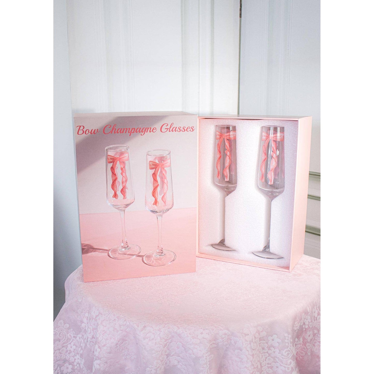 Set of 2 Bow Champagne Glasses | Coquette Bow Trend | Wedding Bridal Shower Gift