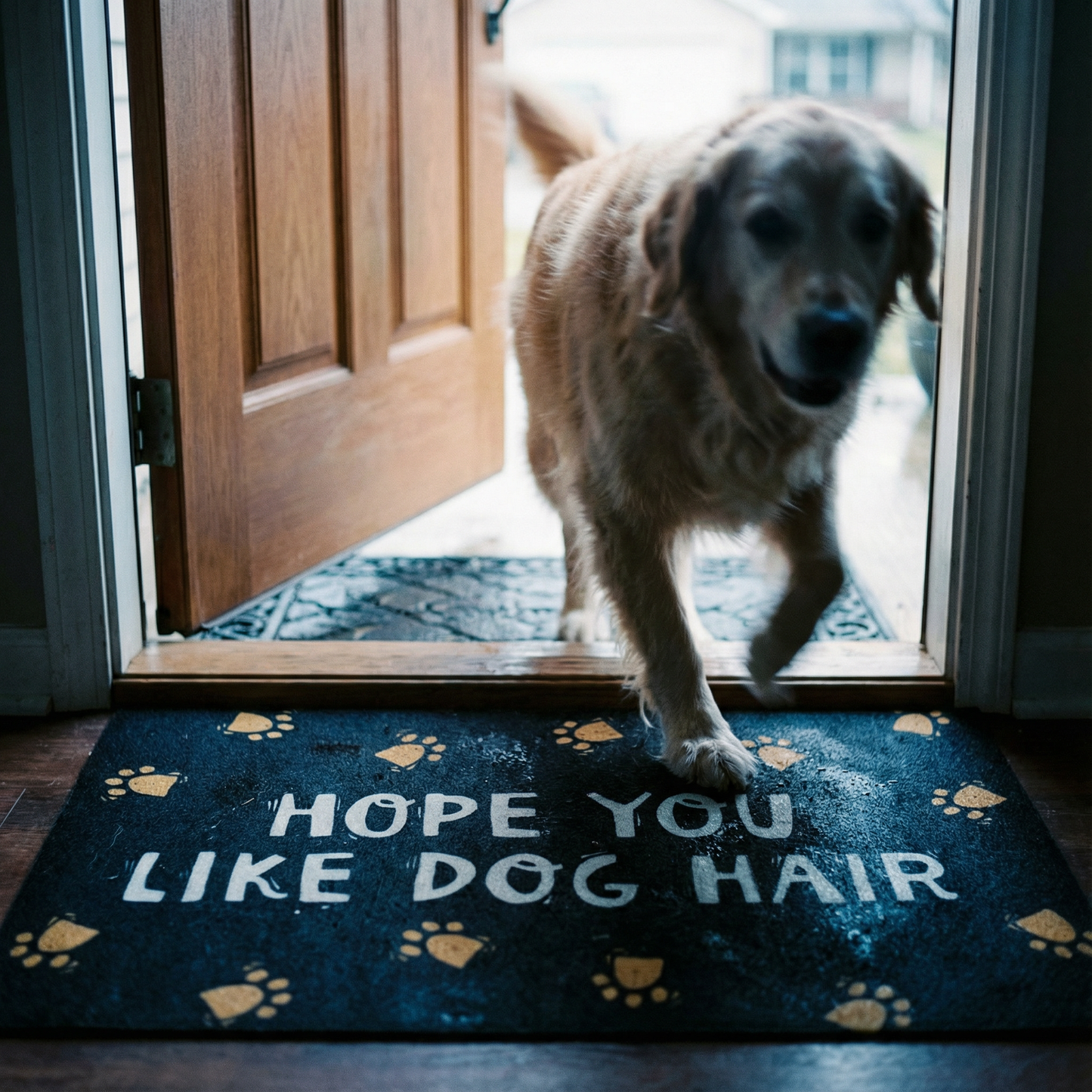 Dog standing on a doormat with text 'Hope you like dog hair' at the entrance of a house.