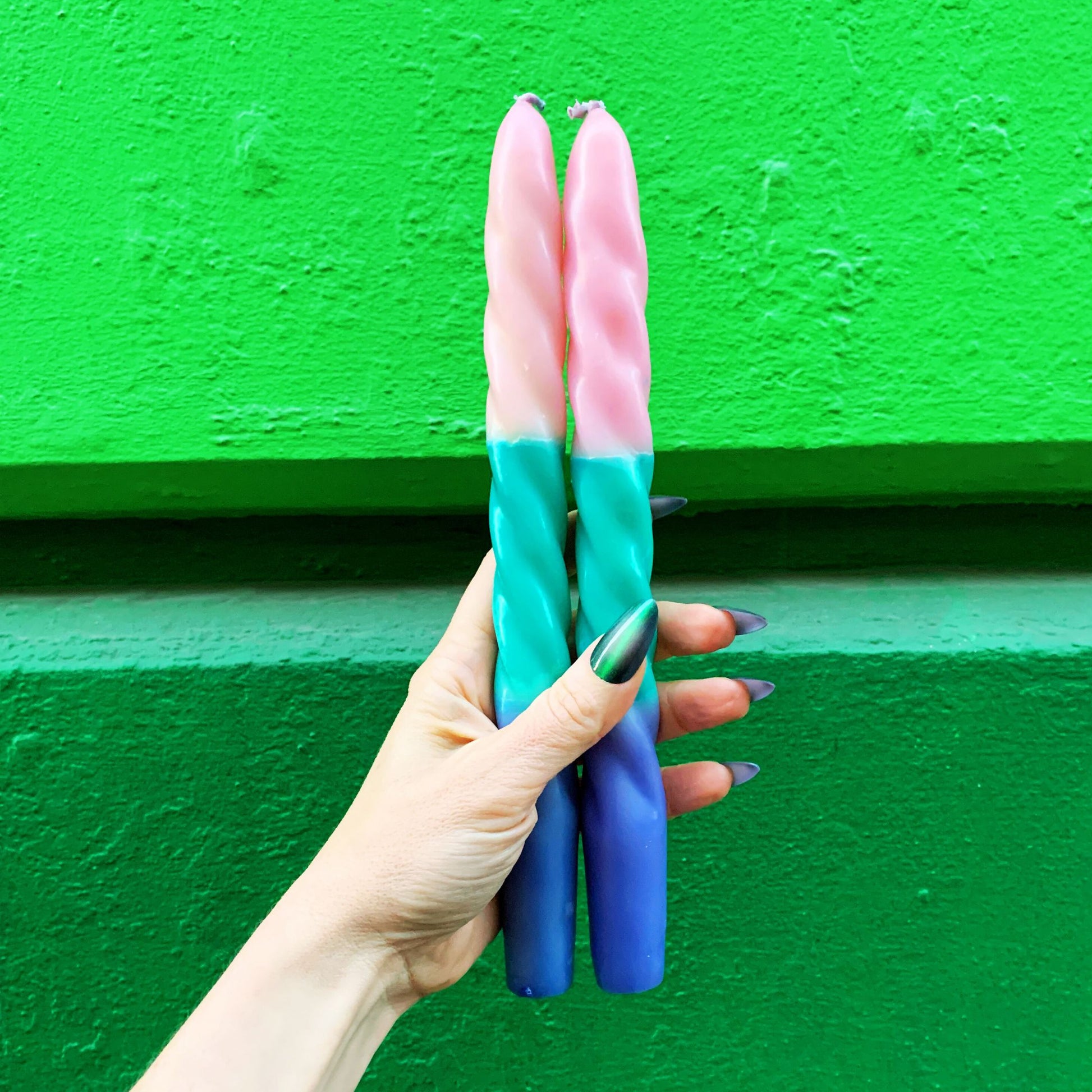 Set of 2 Pastel Taper Candle in Pink Green Blue | Aesthetic Tri-Colored Unscented Dinner Candlesticks | Gift for Her