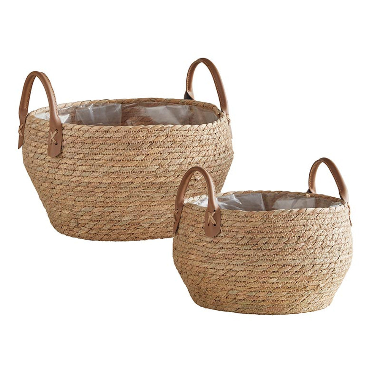 Set of 2 Plastic Lined Baskets with Handles | Seagrass Woven Storage Baskets