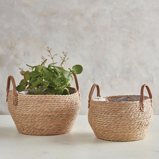 Set of 2 Plastic Lined Baskets with Handles | Seagrass Woven Storage Baskets