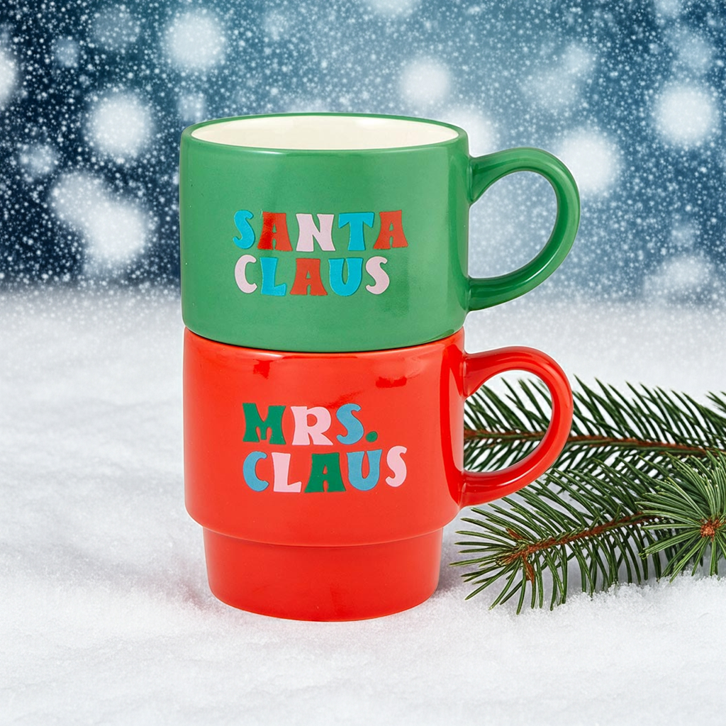 Set of 2 Santa and Mrs. Claus His and Hers Stacking Mug Set | Couple Gift